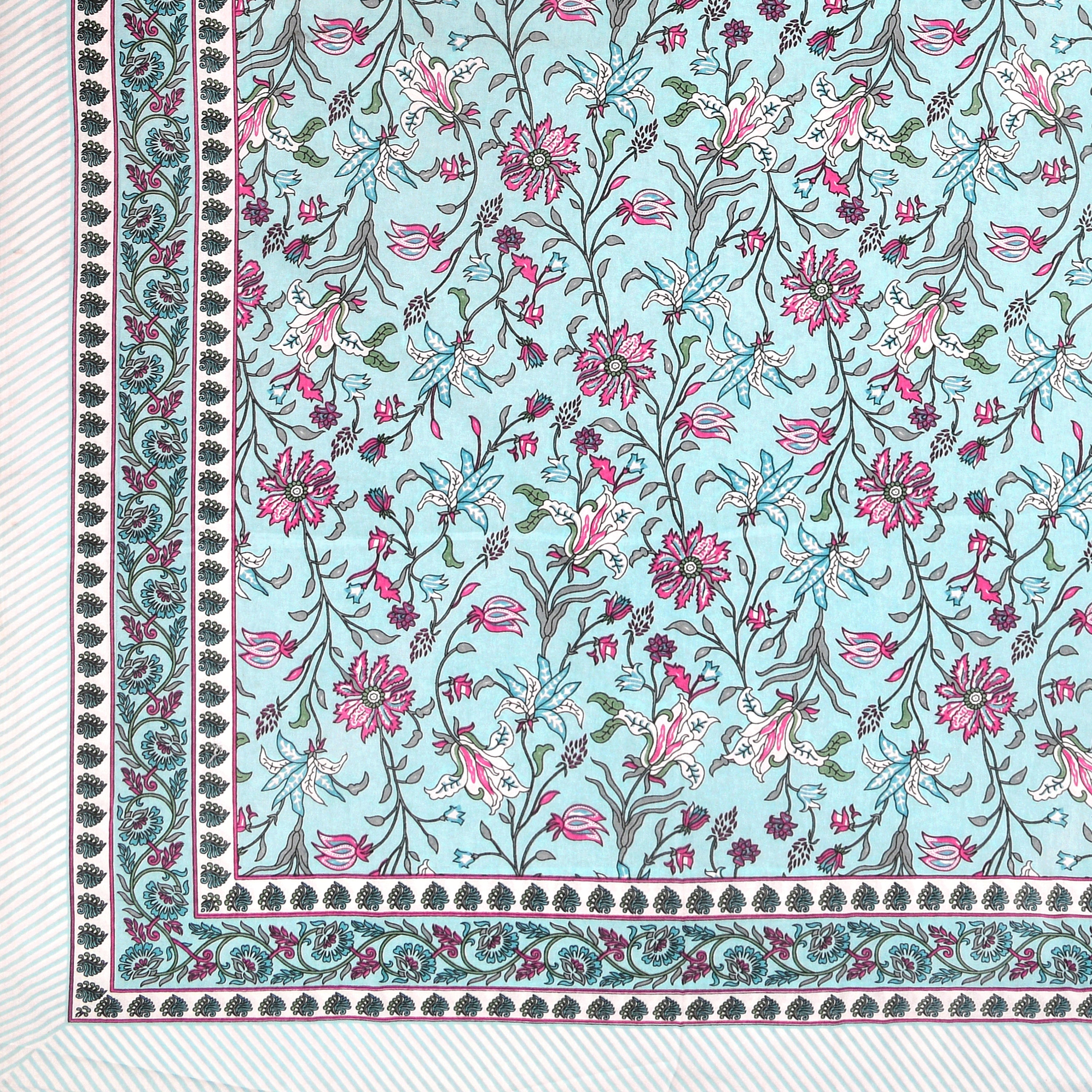 Aqua pink Hand Block Printed Cotton King Bedsheet Set | 90×108 | 240 TC