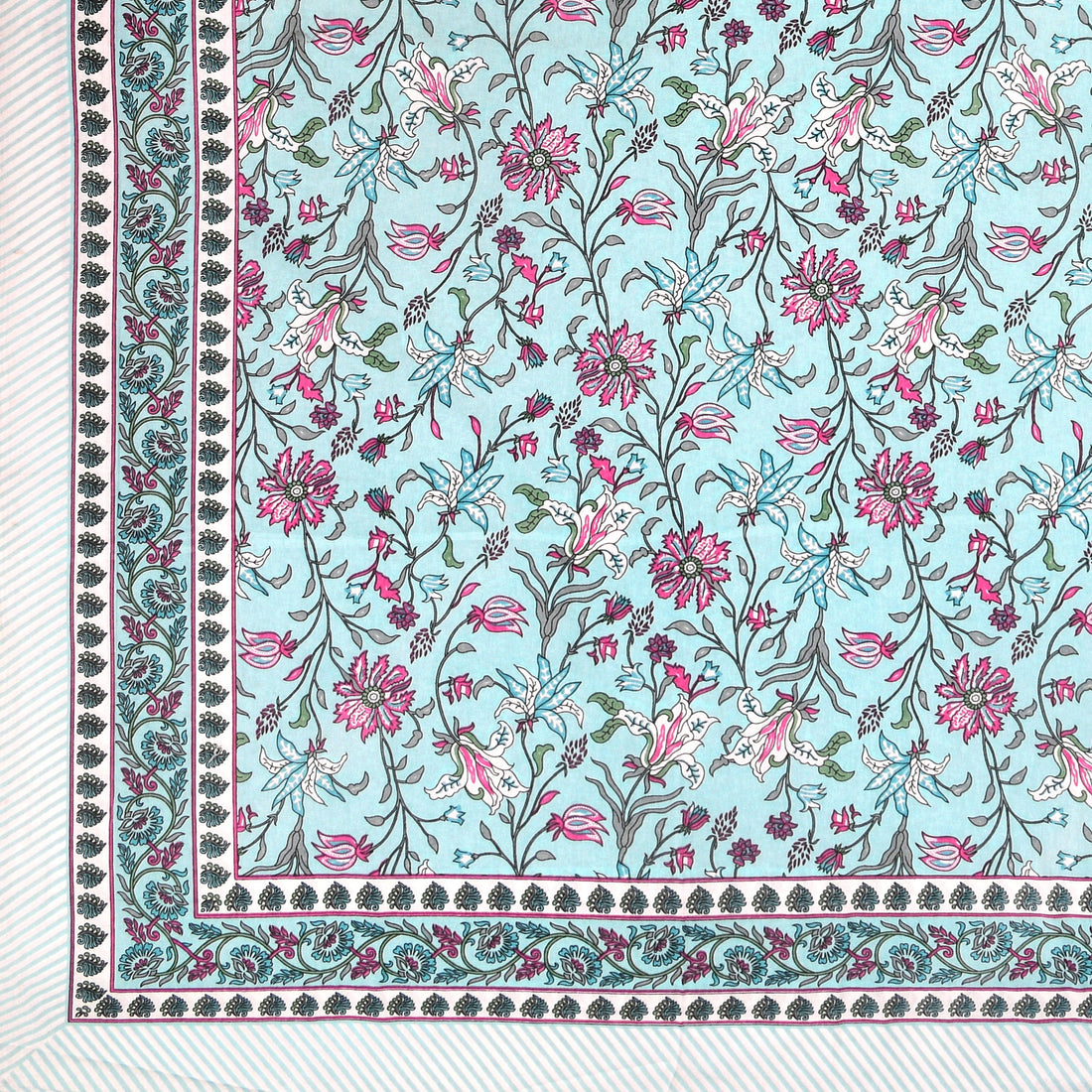 Aqua pink Hand Block Printed Cotton King Bedsheet Set | 90×108 | 240 TC