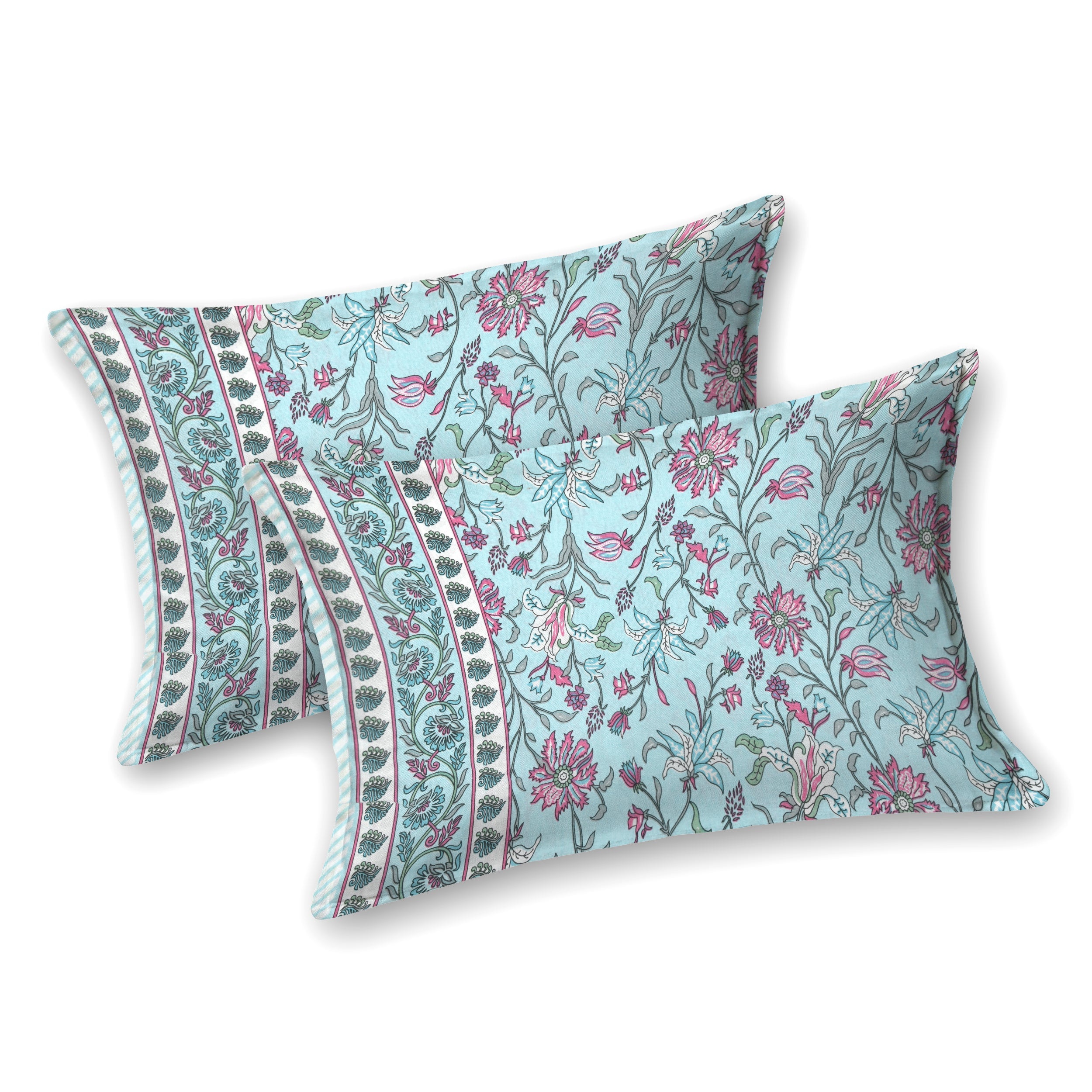 Aqua pink Hand Block Printed Cotton King Bedsheet Set | 90×108 | 240 TC