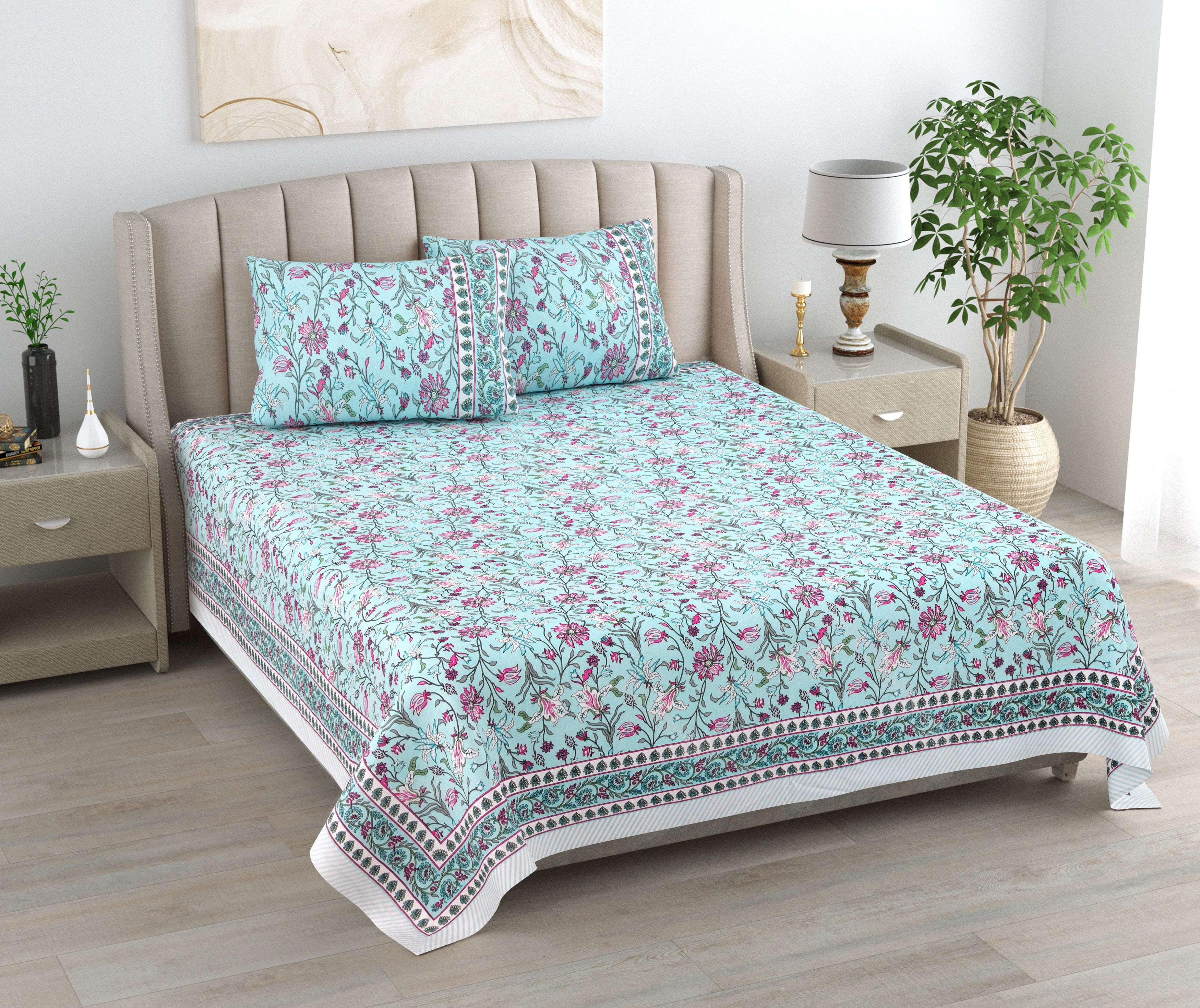Aqua pink Hand Block Printed Cotton King Bedsheet Set