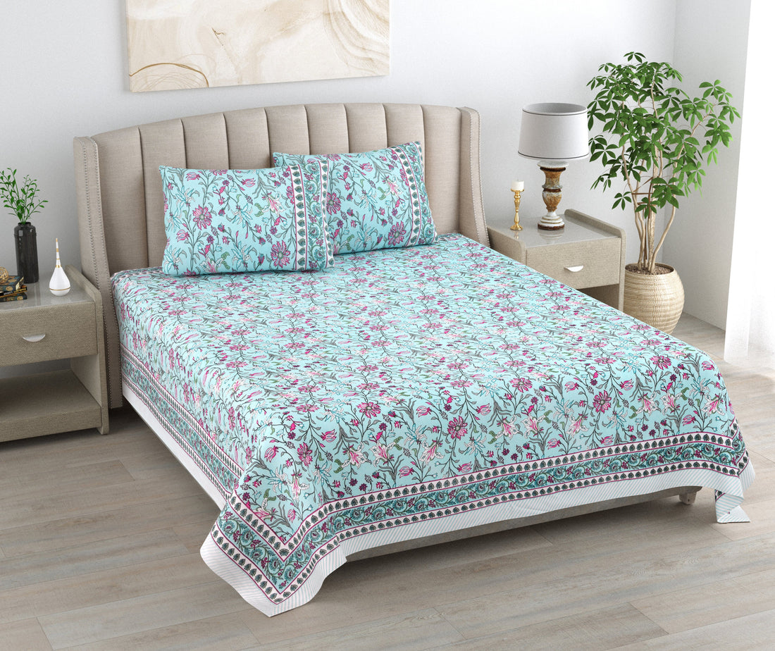 Aqua pink Hand Block Printed Cotton King Bedsheet Set