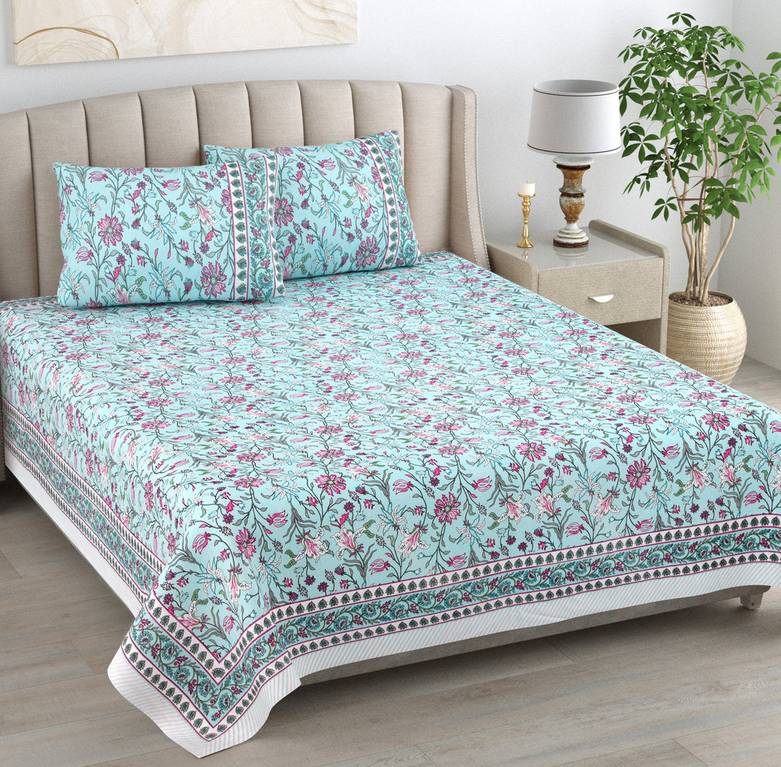 Aqua pink Hand Block Printed Cotton King Bedsheet Set | 90×108 | 240 TC