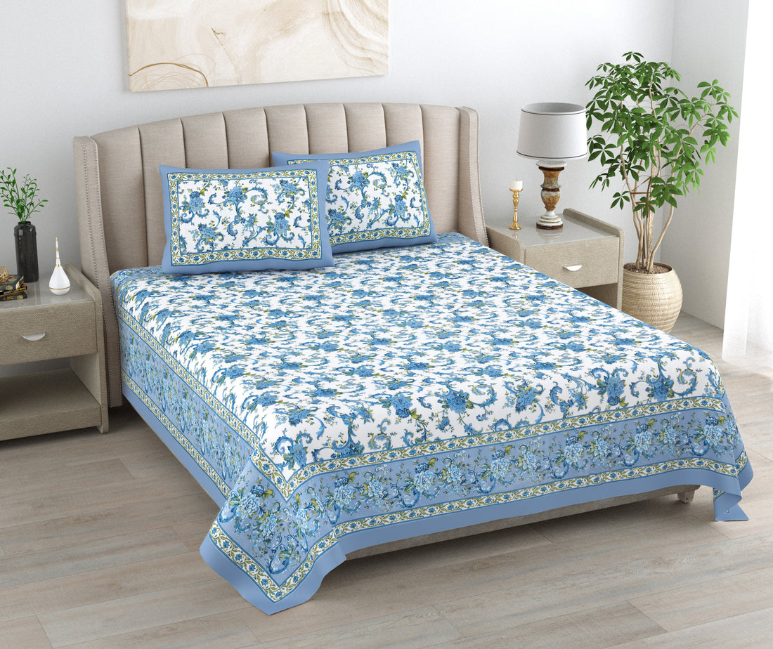 Aqua Jaal Hand Block Printed Cotton King Bedsheet Set