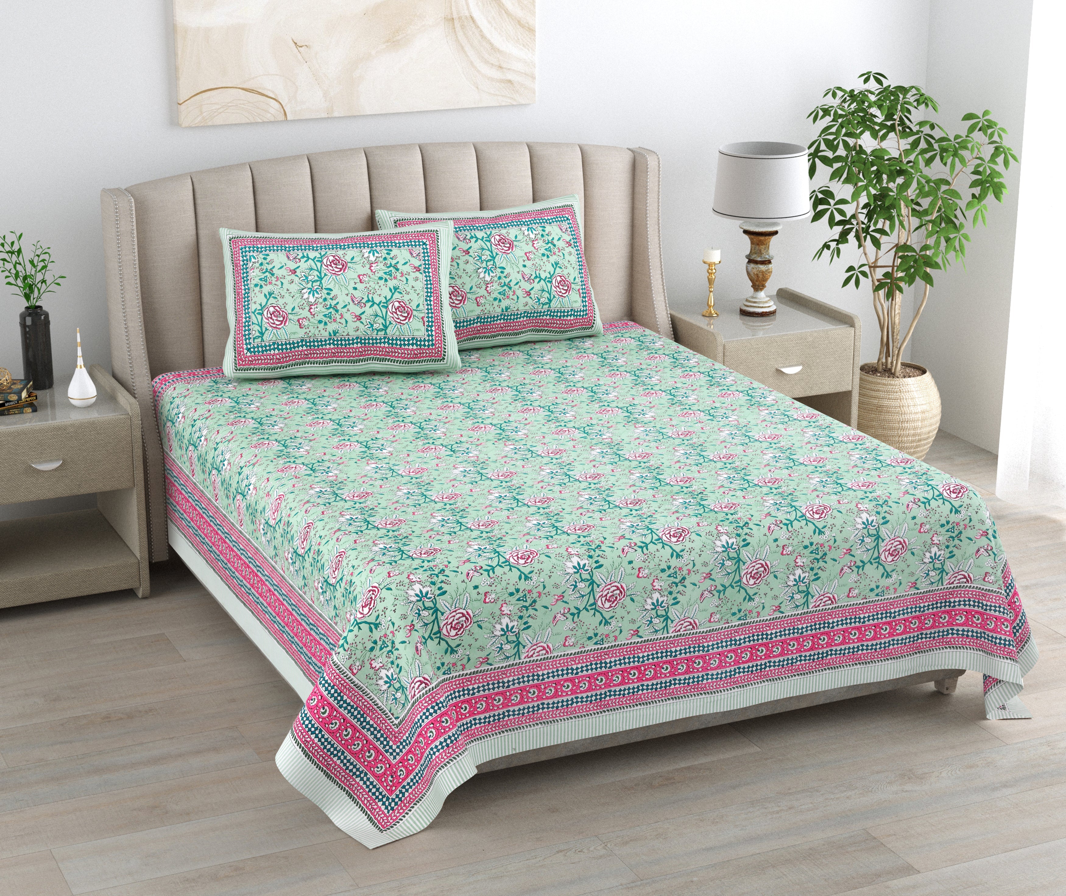 Pastel Bloom Hand Block Printed Cotton King Bedsheet Set