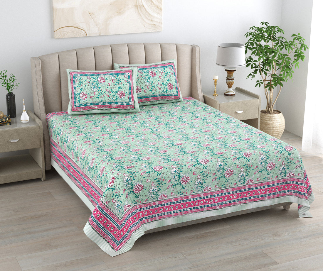 Pastel Bloom Hand Block Printed Cotton King Bedsheet Set