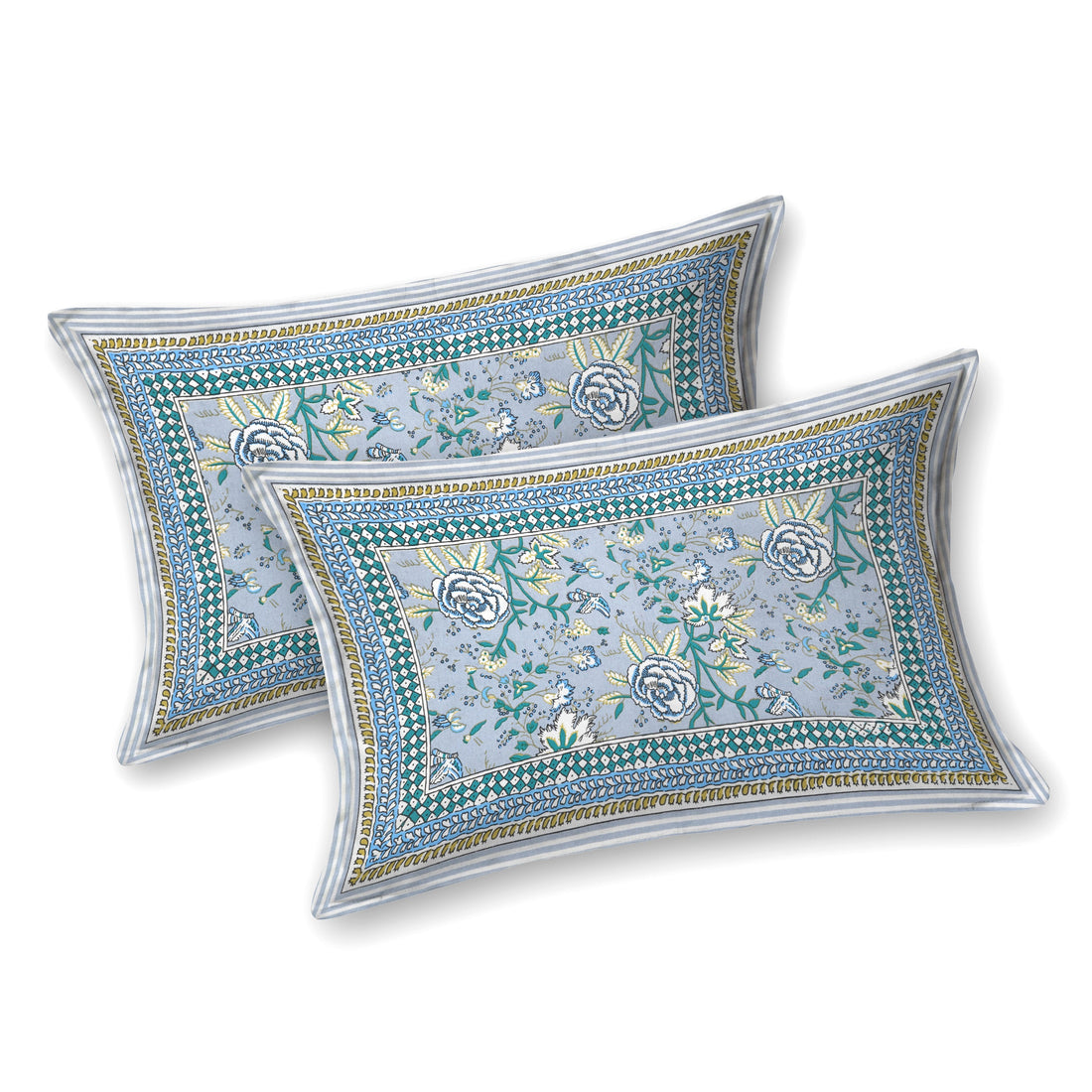 Aqua Bloom Hand Block Printed Cotton King Bedsheet Set | 90×108 | 240 TC