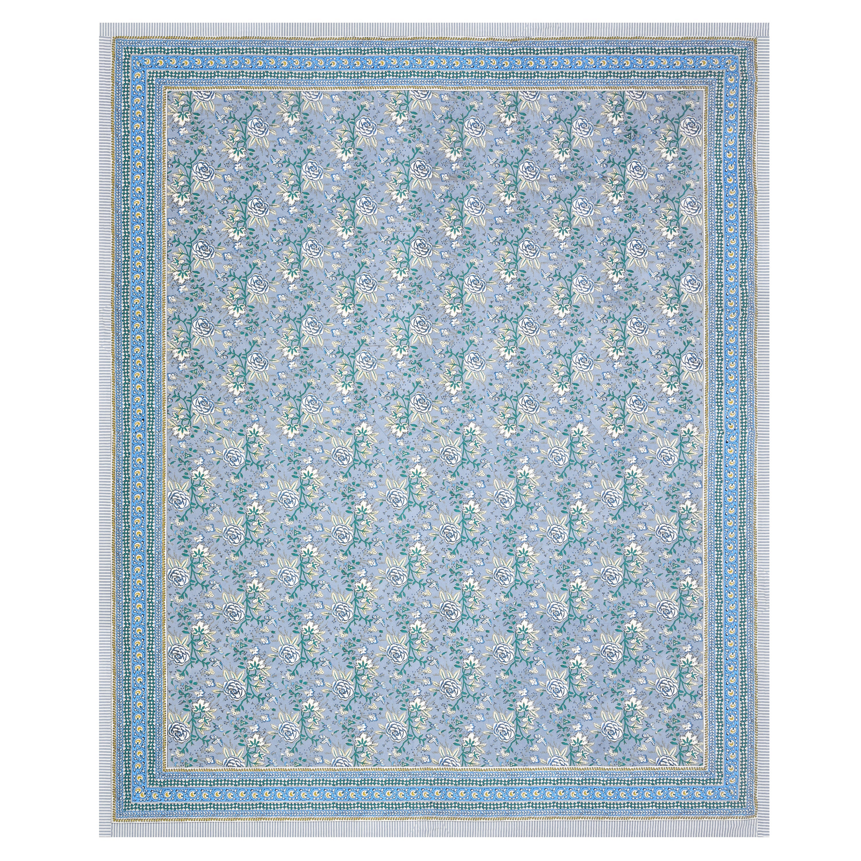 Aqua Bloom Hand Block Printed Cotton King Bedsheet Set | 90×108 | 240 TC