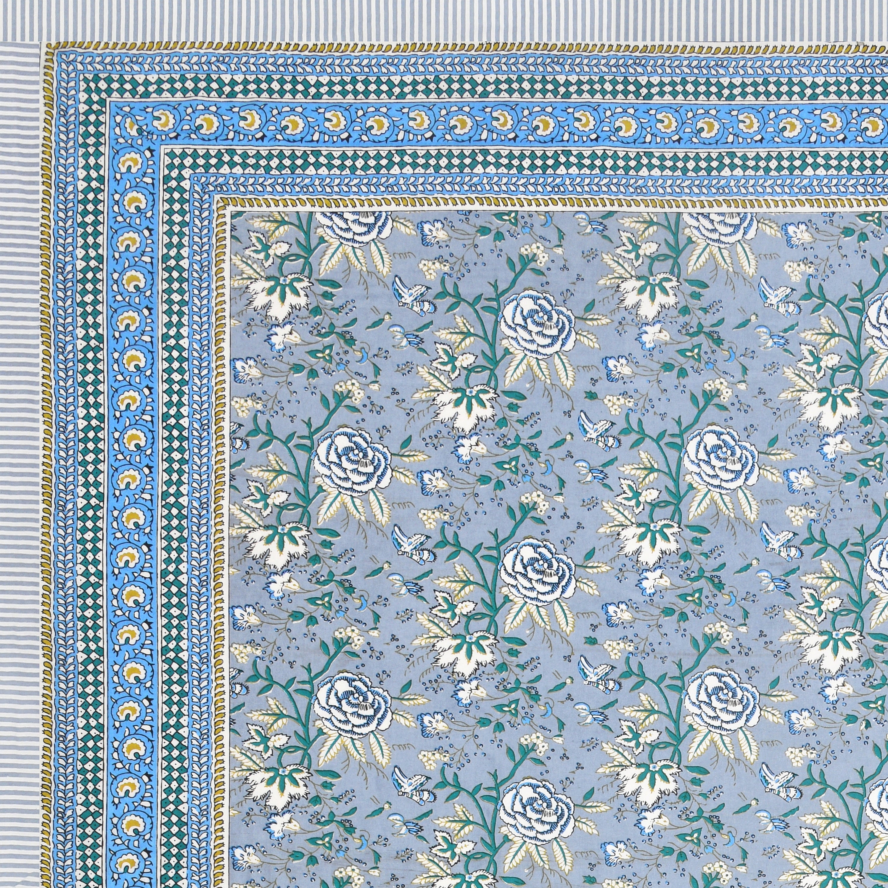 Aqua Bloom Hand Block Printed Cotton King Bedsheet Set | 90×108 | 240 TC