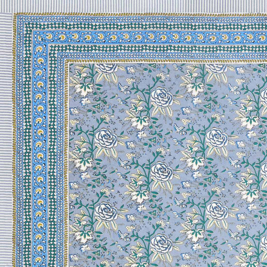 Aqua Bloom Hand Block Printed Cotton King Bedsheet Set | 90×108 | 240 TC
