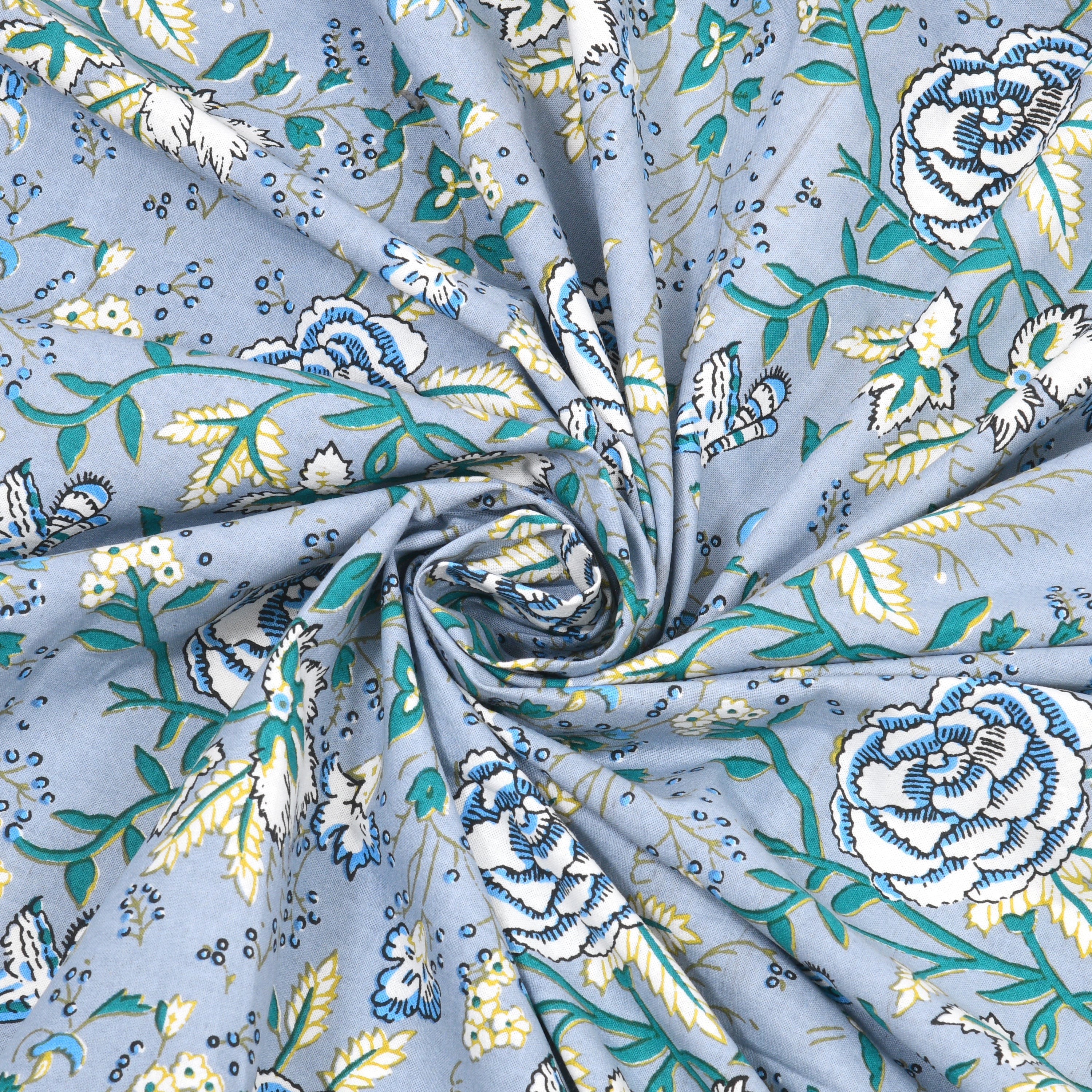 Aqua Bloom Hand Block Printed Cotton King Bedsheet Set | 90×108 | 240 TC