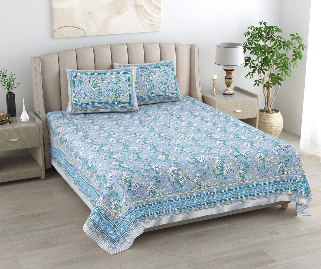 Aqua Bloom Hand Block Printed Cotton King Bedsheet Set