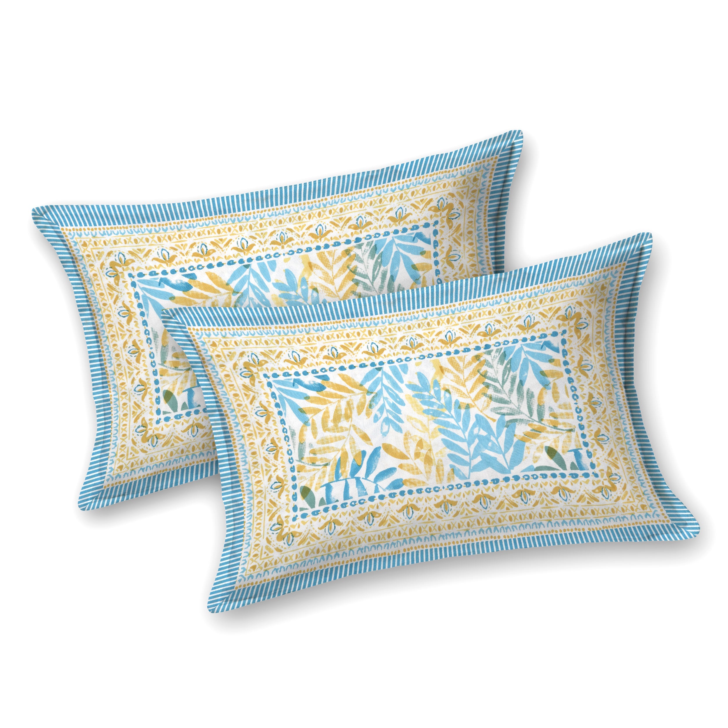 Blue Leaf Atolia Hand Block Printed Cotton King Bedsheet Set | 90×108 | 240 TC