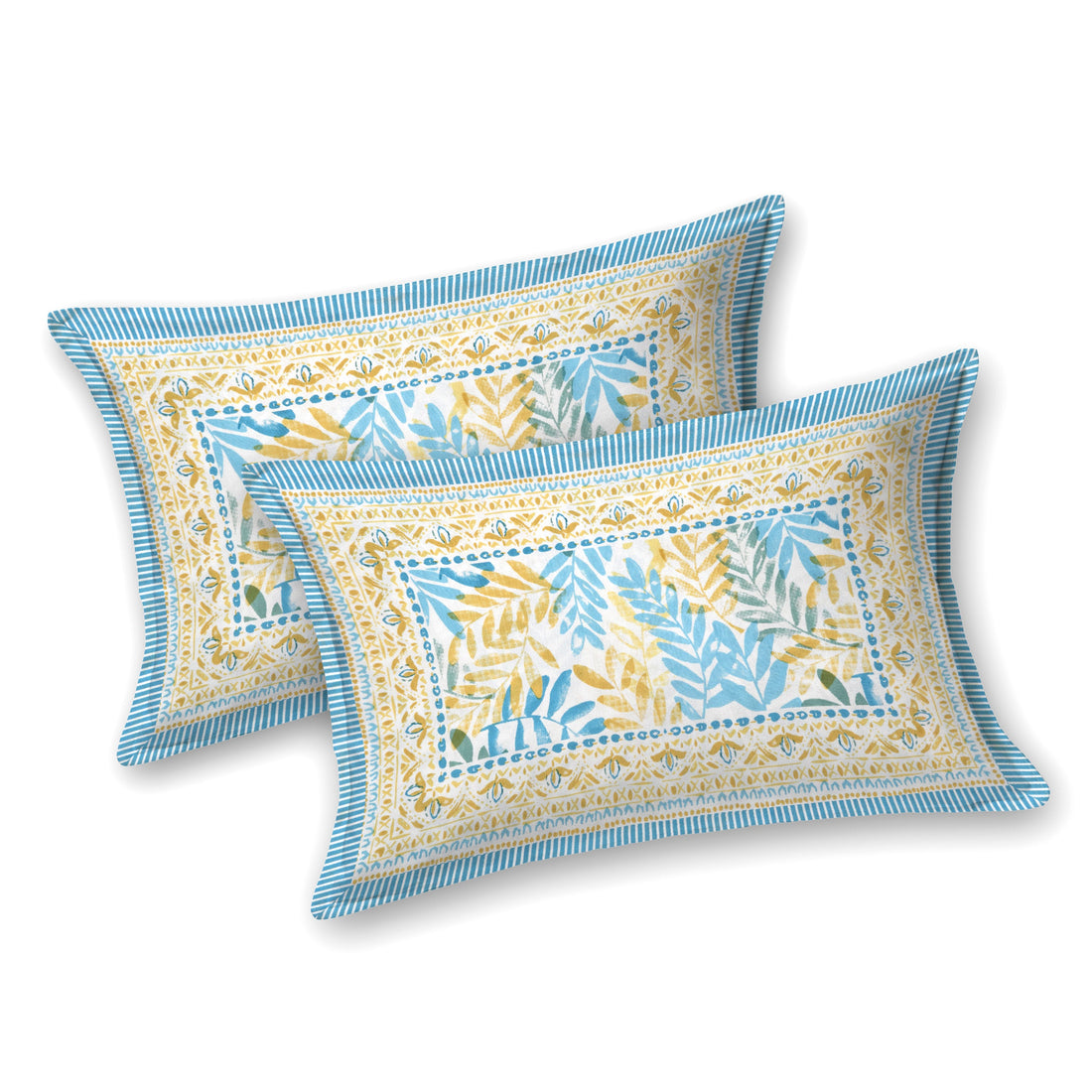 Blue Leaf Atolia Hand Block Printed Cotton King Bedsheet Set | 90×108 | 240 TC