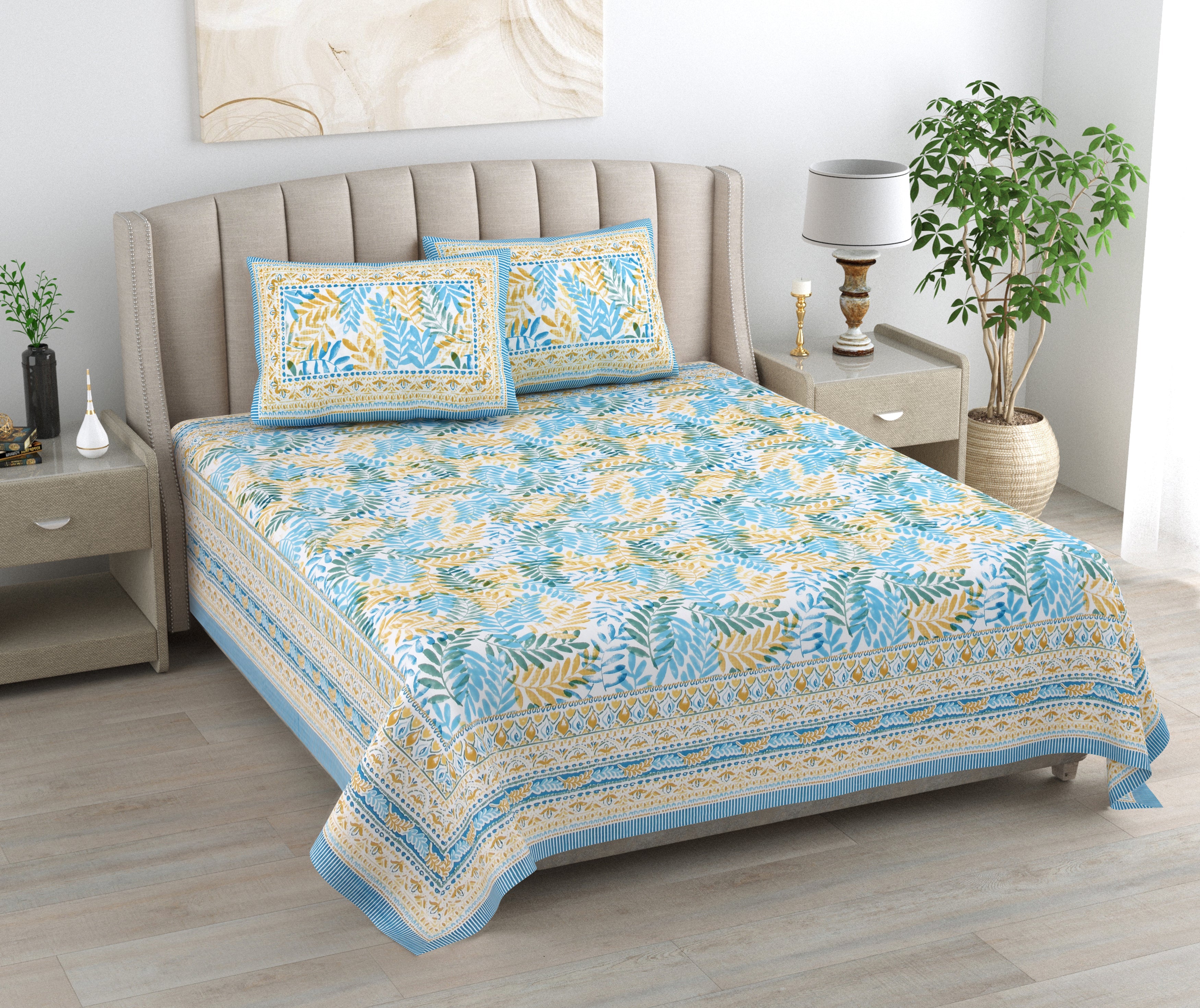 Blue Leaf Atolia Hand Block Printed Cotton King Bedsheet Set