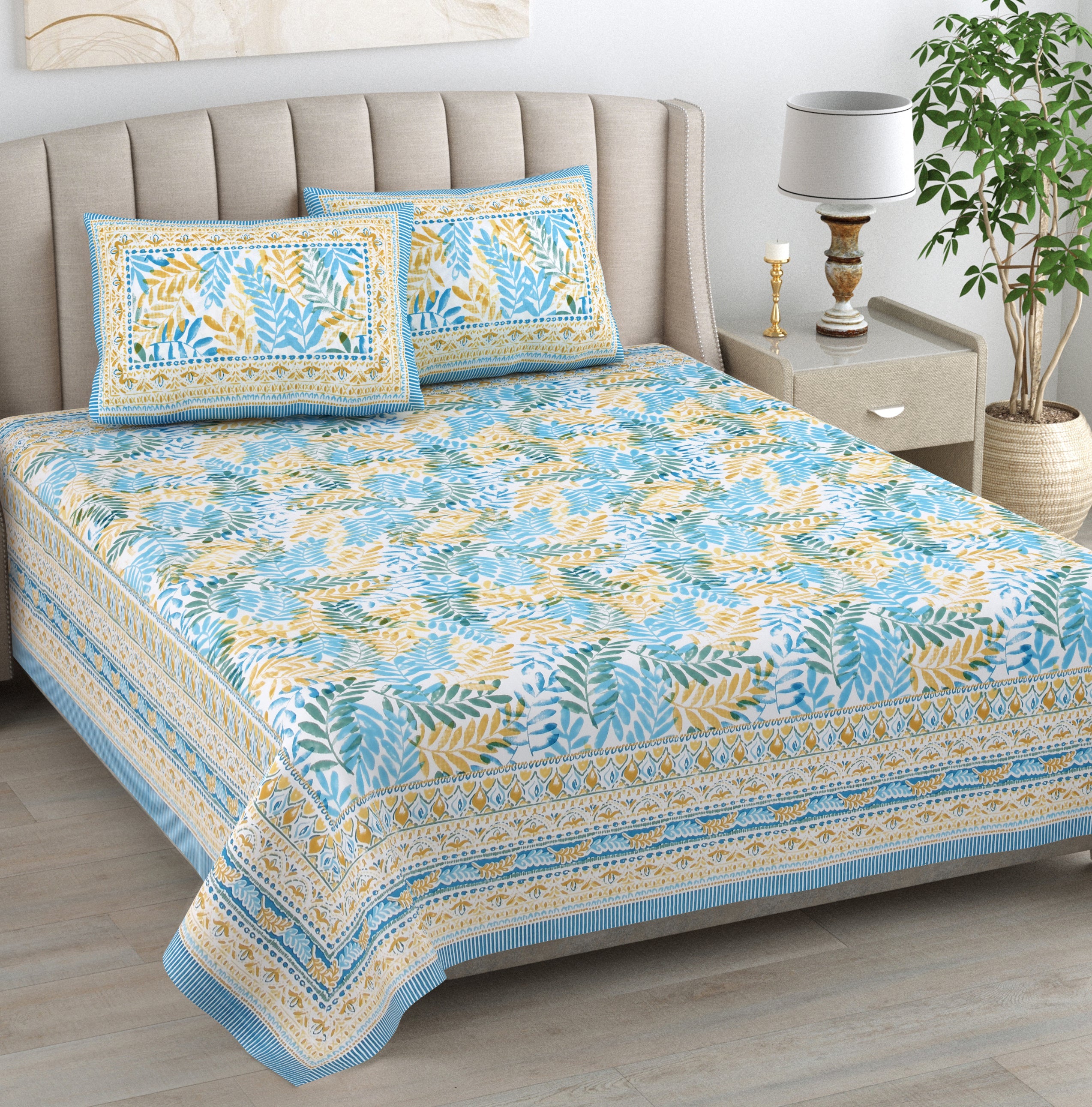 Blue Leaf Atolia Hand Block Printed Cotton King Bedsheet Set | 90×108 | 240 TC