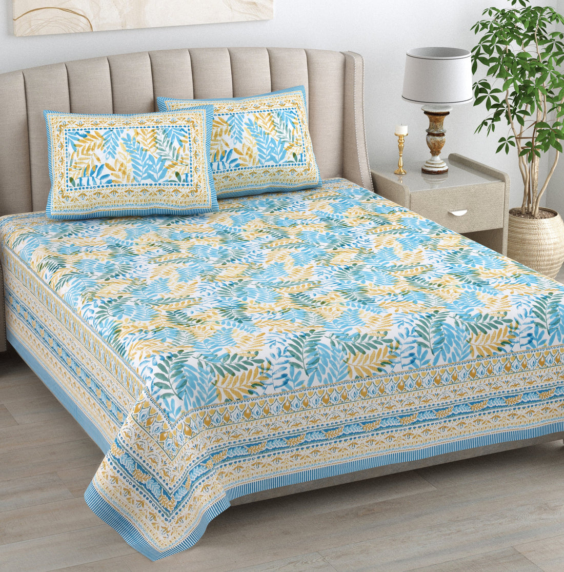 Blue Leaf Atolia Hand Block Printed Cotton King Bedsheet Set | 90×108 | 240 TC