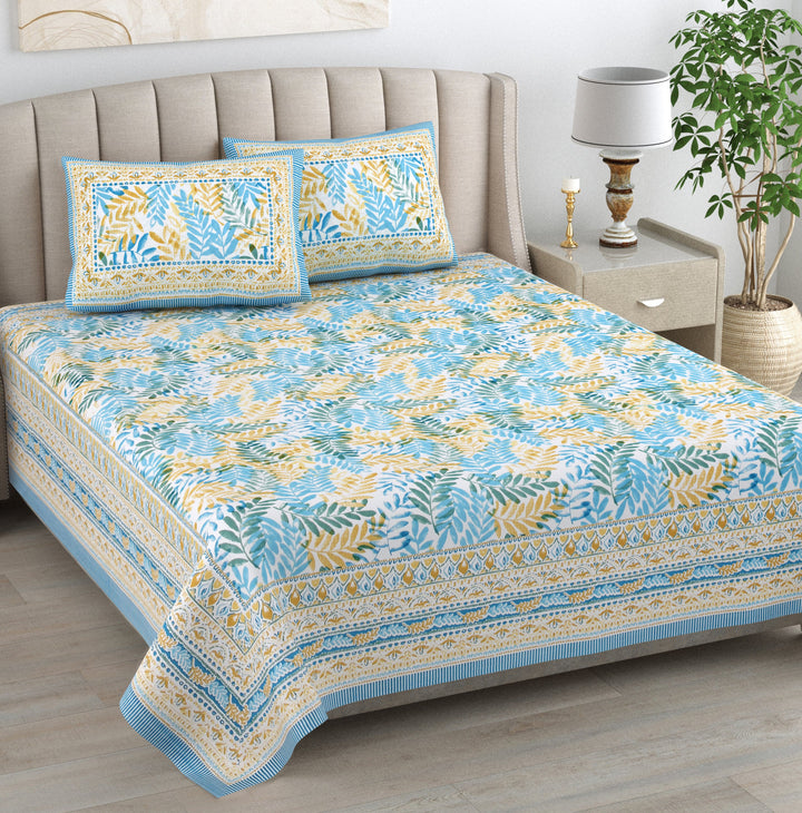 Blue Leaf Atolia Hand Block Printed Cotton King Bedsheet Set | 90×108 | 240 TC