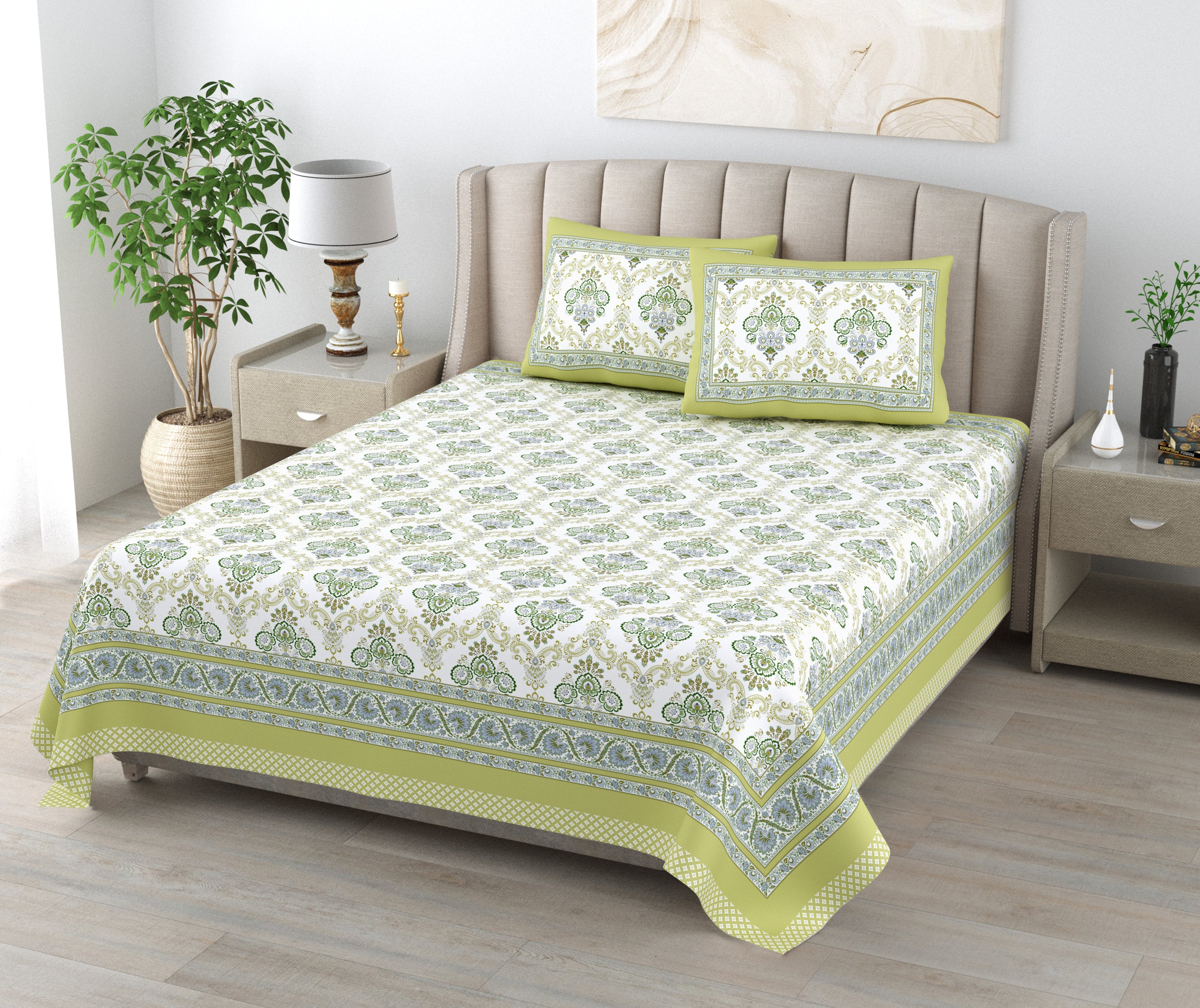 Heena Floral Hand Block Printed Cotton King Bedsheet Set