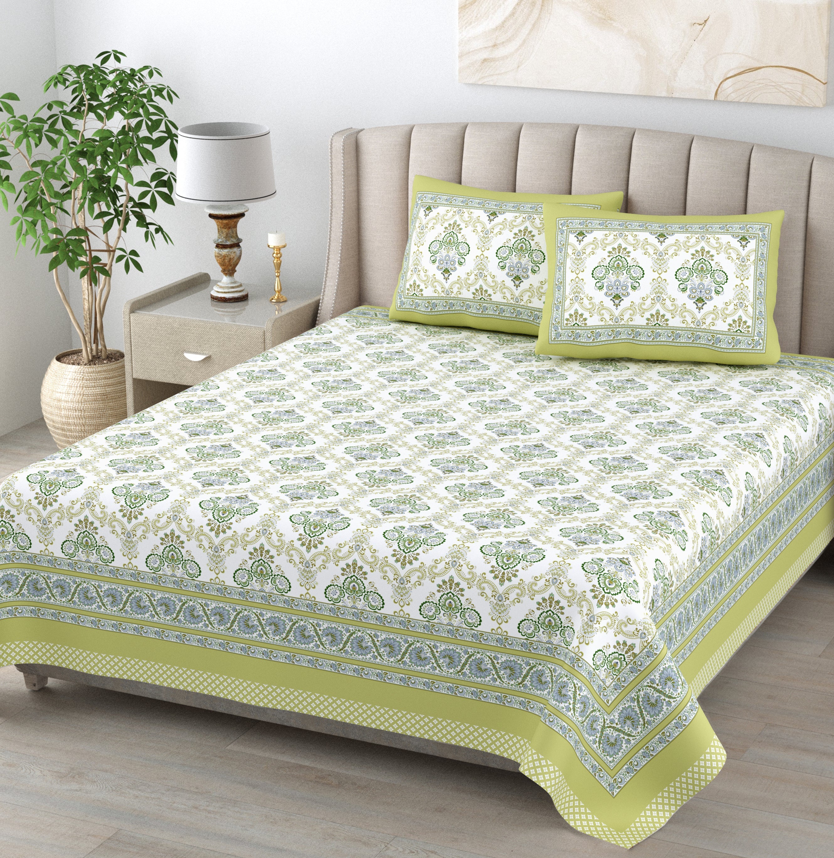 Heena Floral Hand Block Printed Cotton King Bedsheet Set | 90×108 | 240 TC