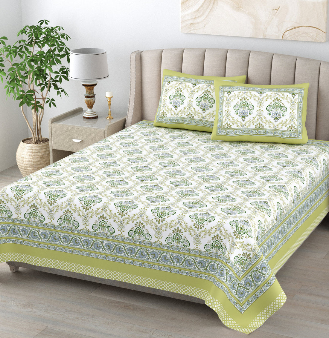 Heena Floral Hand Block Printed Cotton King Bedsheet Set | 90×108 | 240 TC