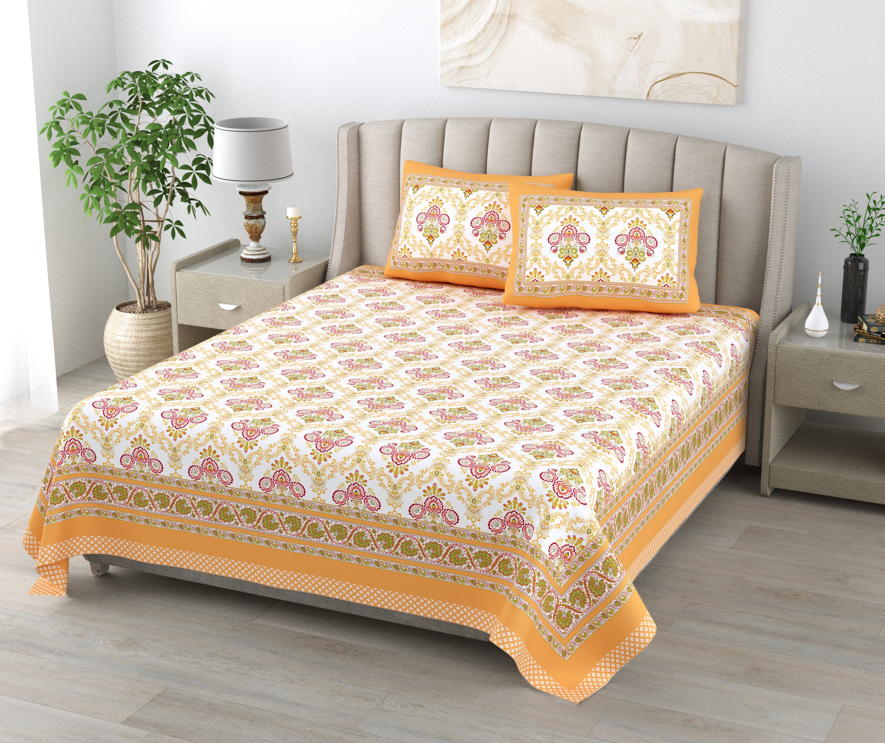 Saffron Pink Hand Block Printed Cotton King Bedsheet Set