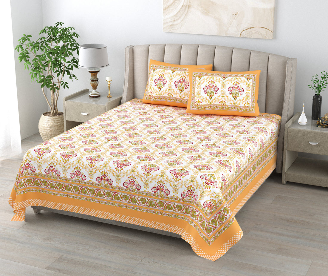 Saffron Pink Hand Block Printed Cotton King Bedsheet Set