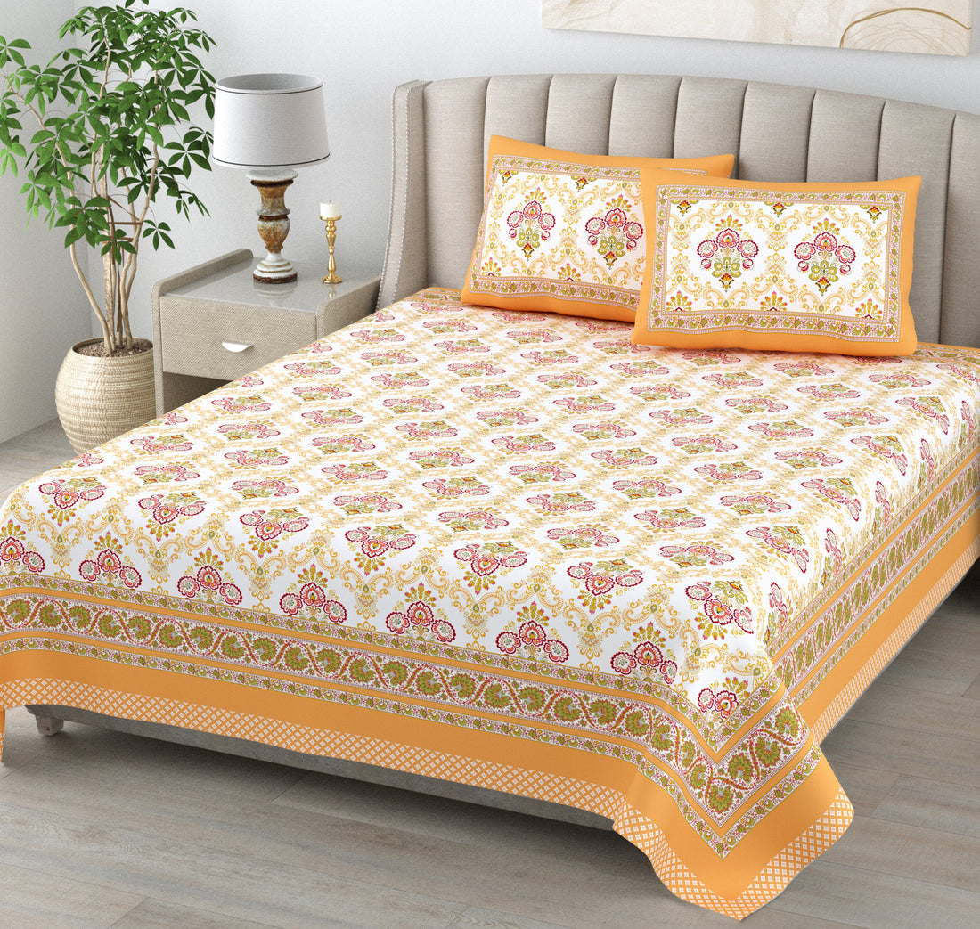 Saffron Pink Hand Block Printed Cotton King Bedsheet Set | 90×108 | 240 TC