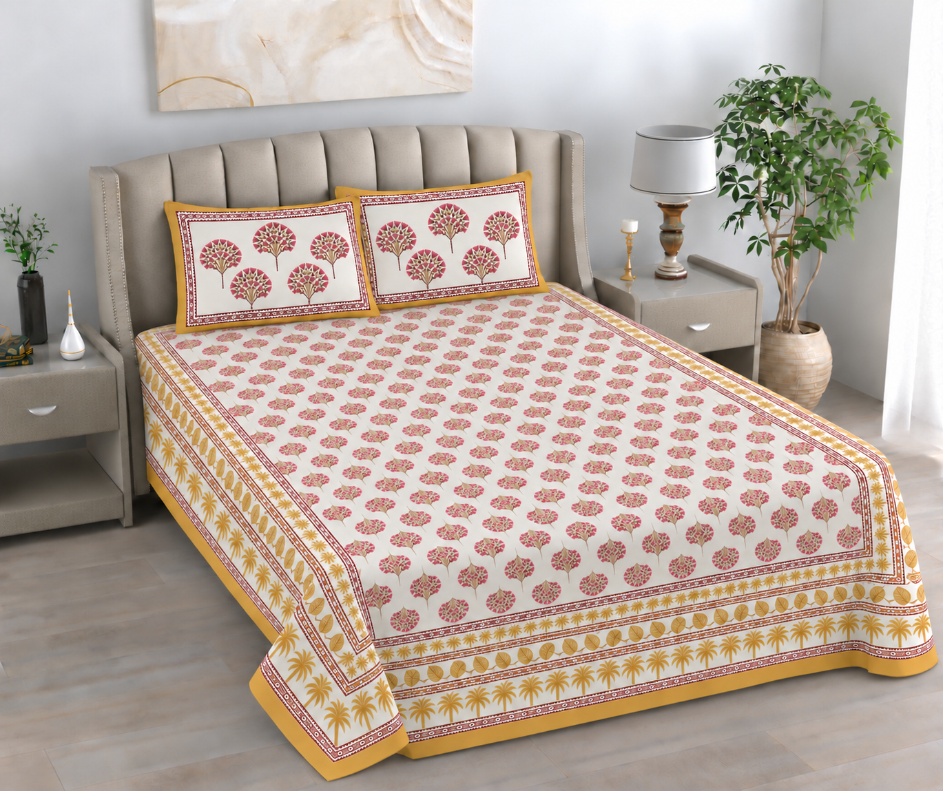 Kesari Bagh Hand Block Printed Cotton Super King Bedsheet Set | 108×108 | 240 TC