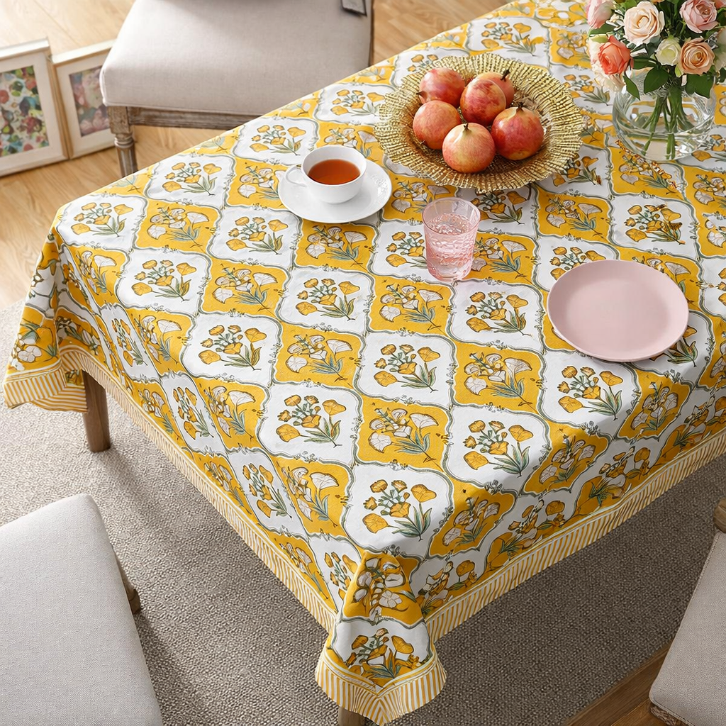 Yellow hand block printed cotton table cover 6 seater 60x90 inches