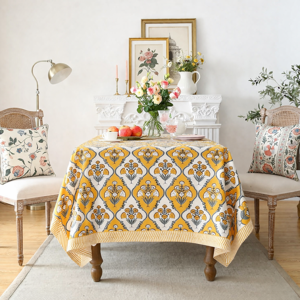 Kesari Jaal Hand Block Printed Cotton Table Cover I 6 Seater