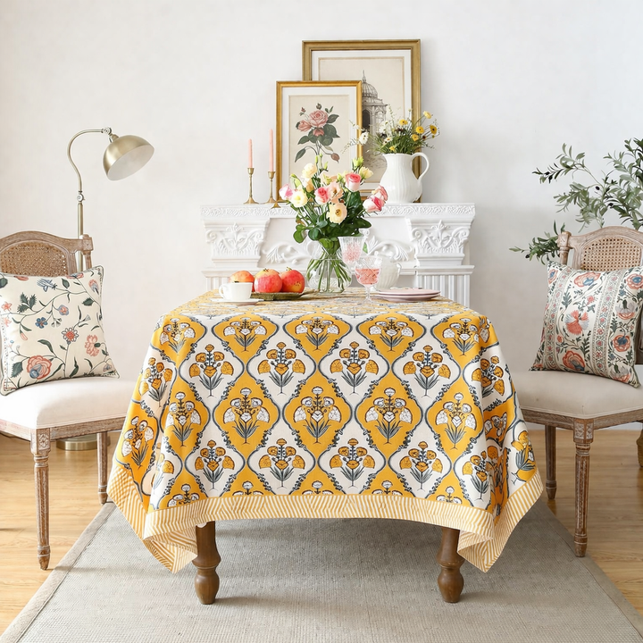 Kesari Jaal Hand Block Printed Cotton Table Cover I 6 Seater