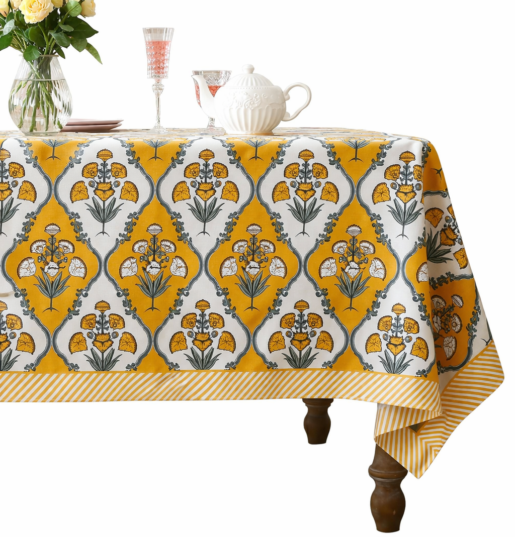 Kesari Jaal Hand Block Printed Cotton Table Cover I 6 Seater
