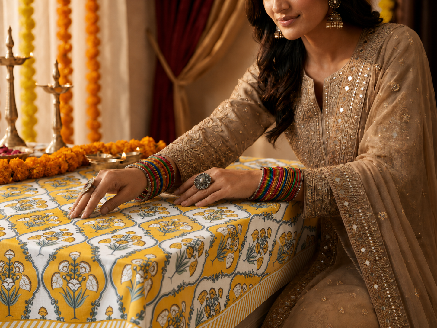 Kesari Jaal Hand Block Printed Cotton Table Cover I 6 Seater