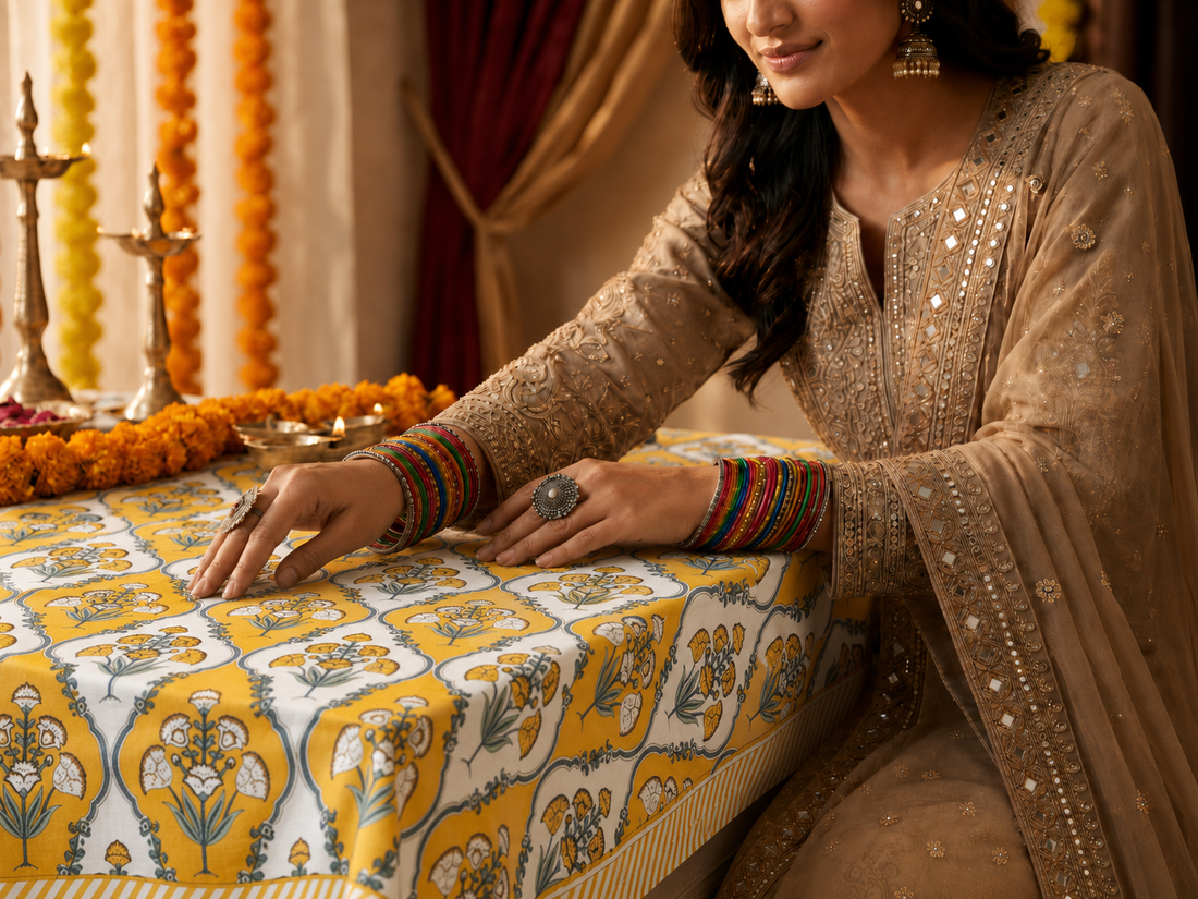 Kesari Jaal Hand Block Printed Cotton Table Cover I 6 Seater