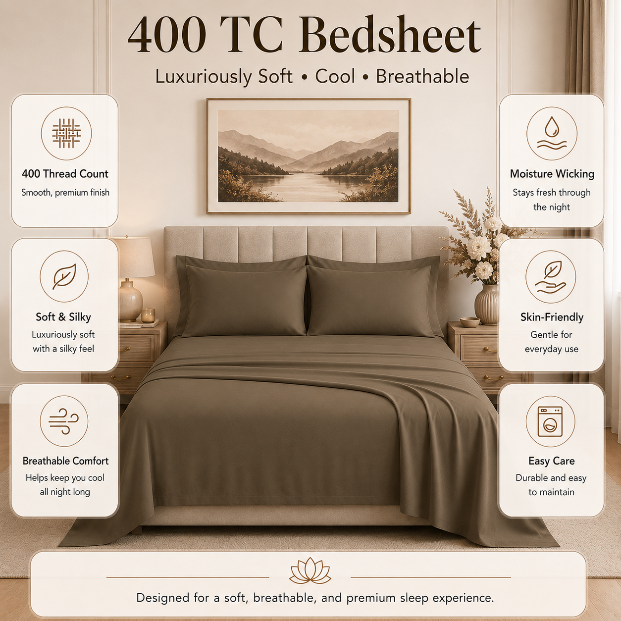 Latte Brown 400 TC Pure Cotton King Size Bedsheet with 2 Pillow Covers