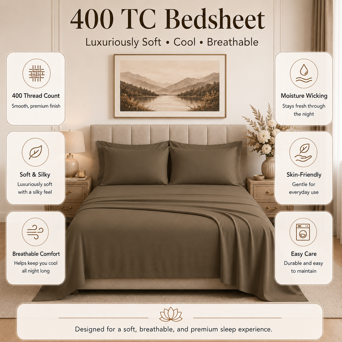 Latte Brown 400 TC Pure Cotton King Size Bedsheet with 2 Pillow Covers