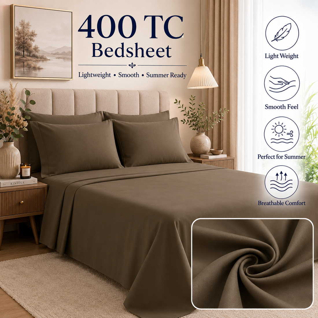 Latte Brown 400 TC Pure Cotton King Size Bedsheet with 2 Pillow Covers