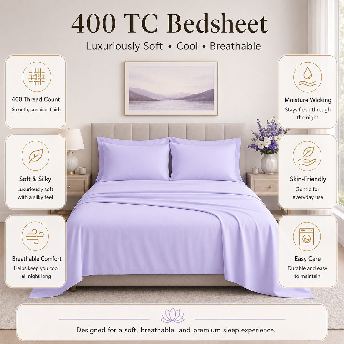 Lavender Mist 400 TC Pure Cotton King Size Bedsheet with 2 Pillow Covers