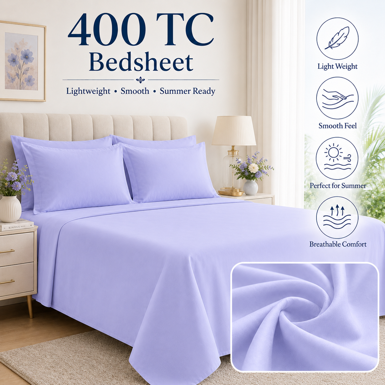 Lavender Mist 400 TC Pure Cotton King Size Bedsheet with 2 Pillow Covers