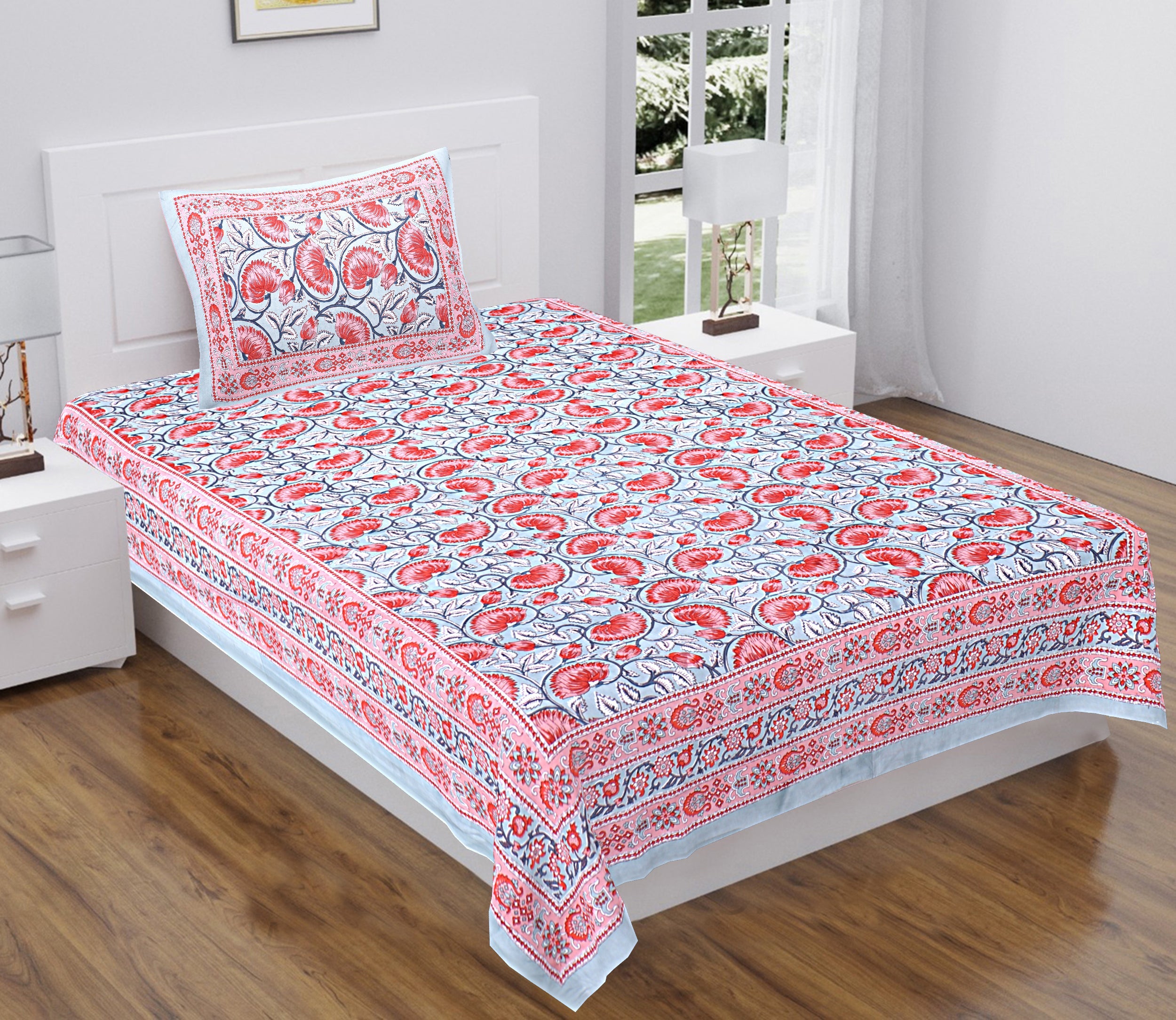 Lotus Hand Block Printed Cotton Single Bedsheet 60x90 inches
