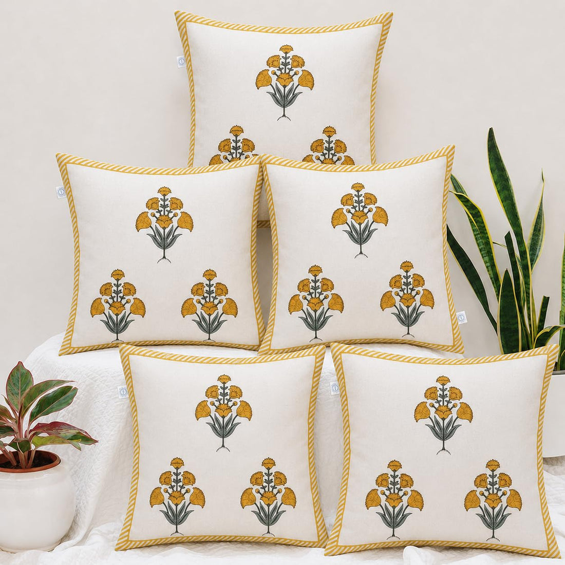 Marigold Bloom Cushion Covers 16×16 Inches – Pack of 5 | Jaipuri Hand Block Print Cotton Pillow Covers | Soft 300 TC Decorative Throw Cushion Cover Set