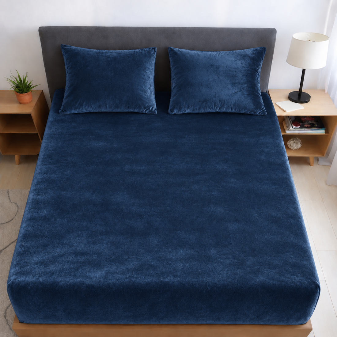 Midnight Warmth Flannel Elastic Fitted King Bedsheet (78×72×8 Inch) with 2 Pillow Covers (18×28 Inch) | Soft & Cozy Winter Bedding