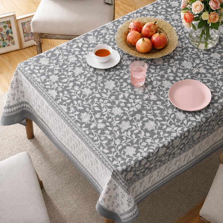 Moonlight Garden Hand Block Printed Cotton Table Cover I 6 Seater