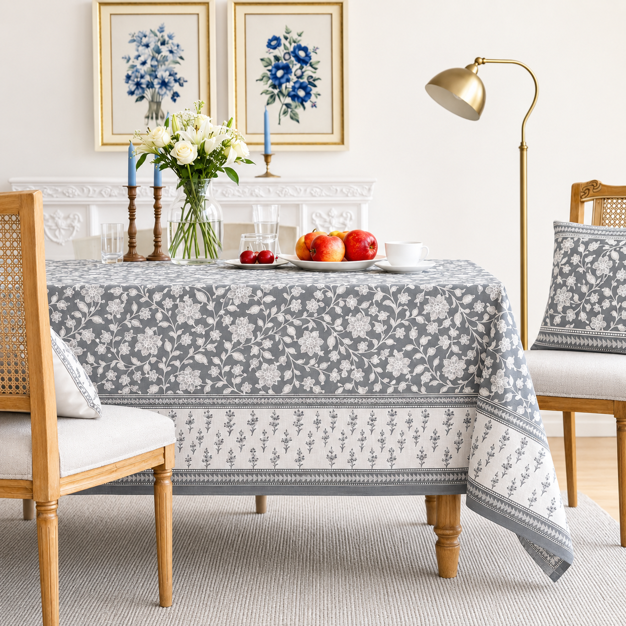 Moonlight Garden Hand Block Printed Cotton Table Cover I 6 Seater