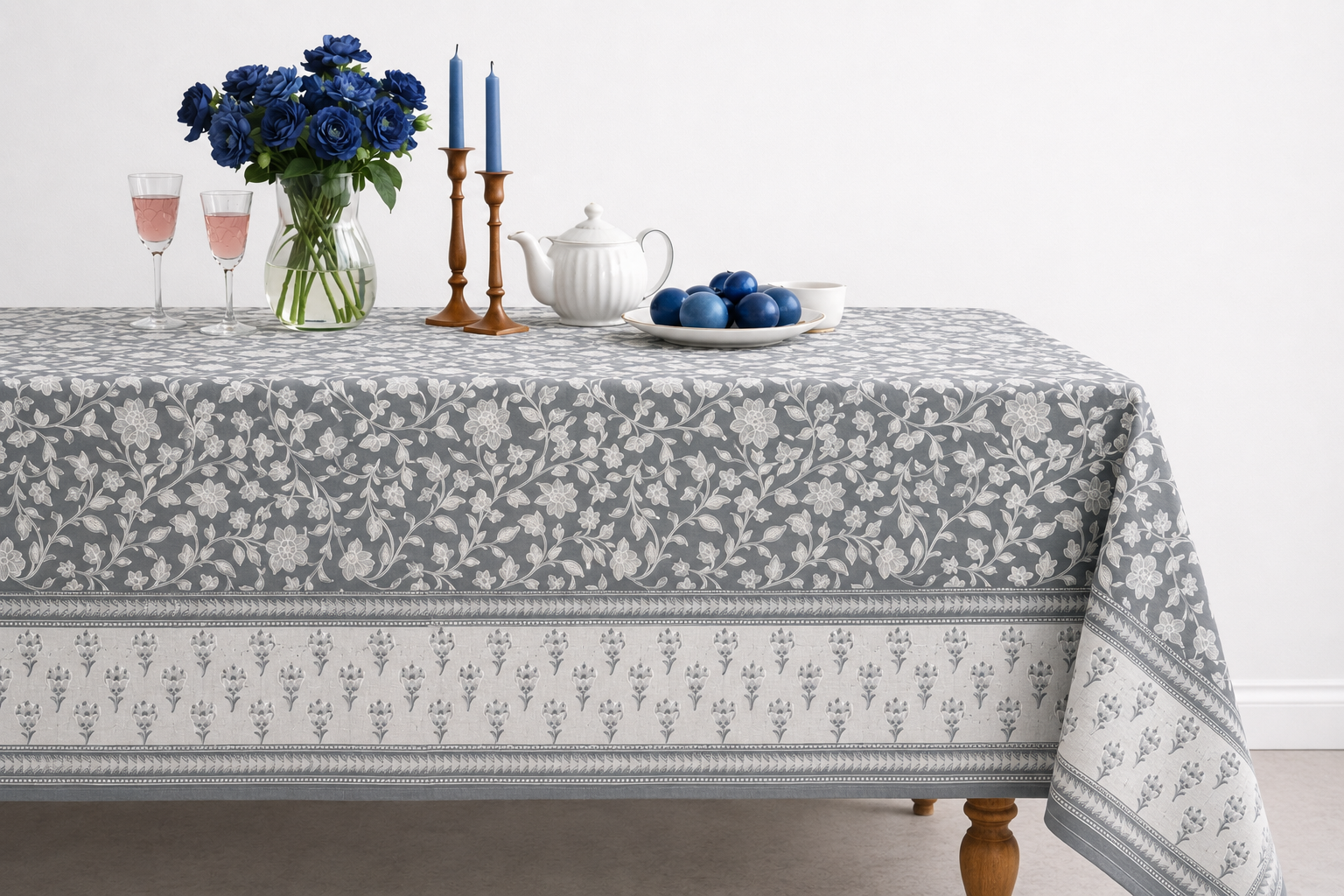 Moonlight Garden Hand Block Printed Cotton Table Cover I 6 Seater