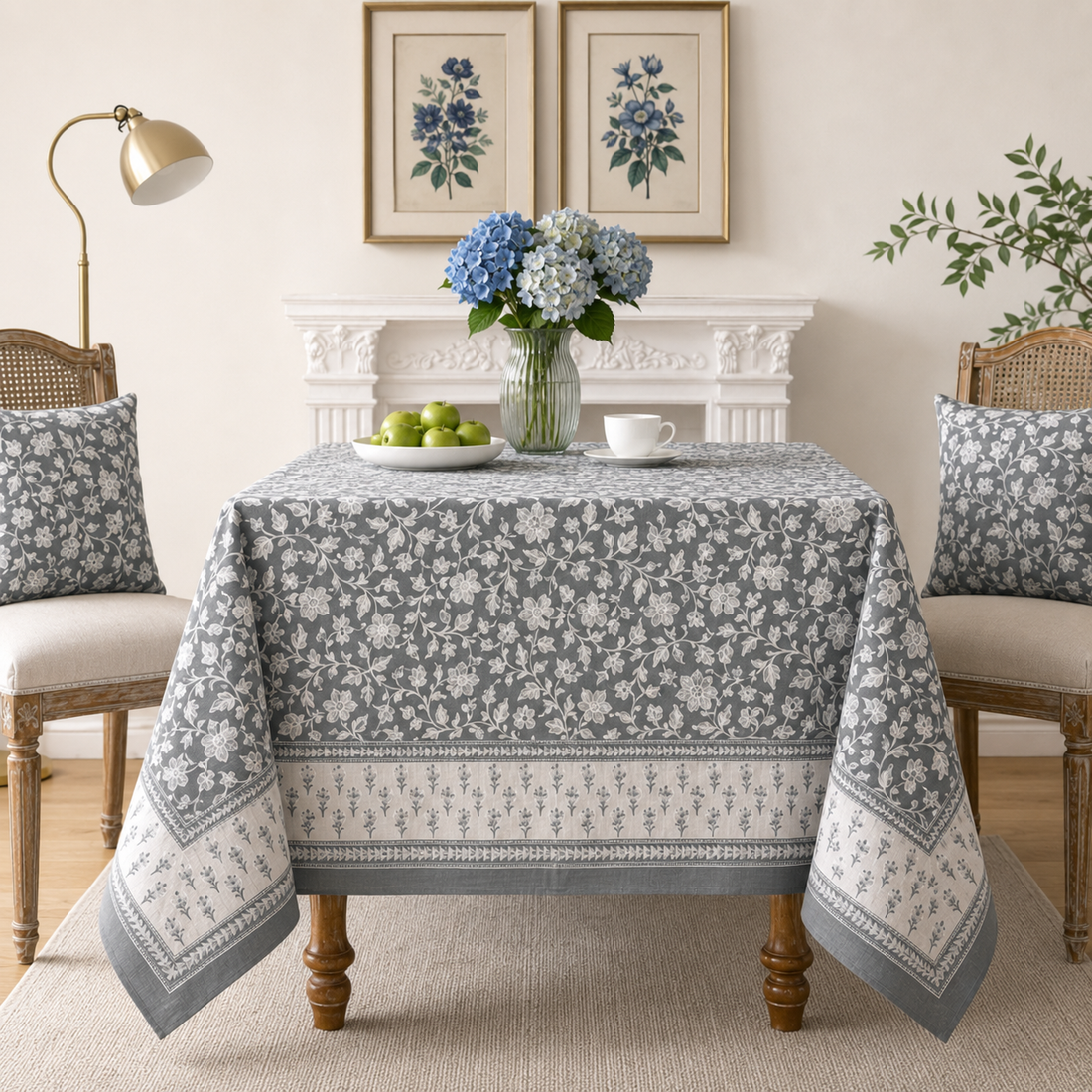 Moonlight Garden Hand Block Printed Cotton Table Cover I 6 Seater