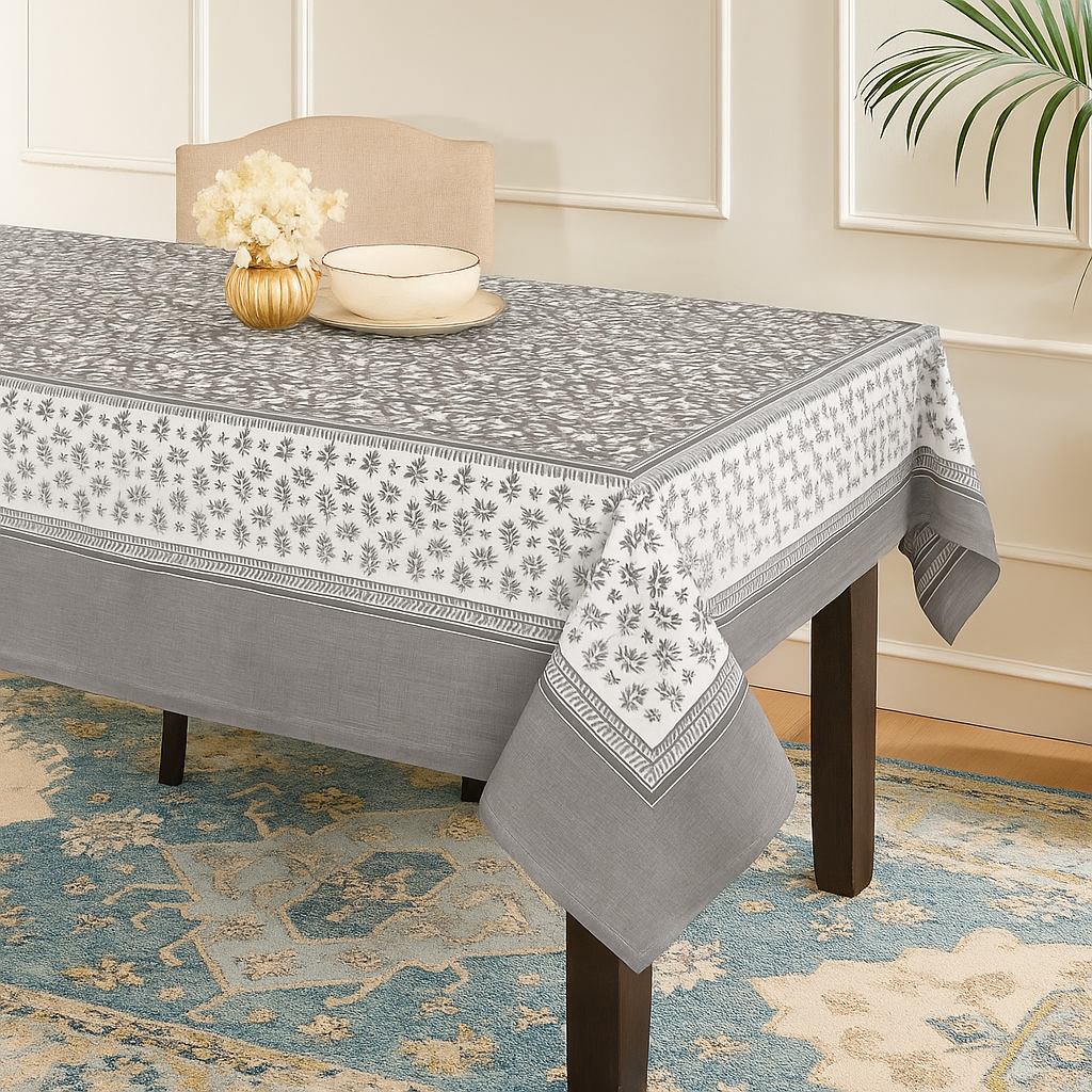 Grey hand block printed cotton table cover 6 seater 60x90 inches