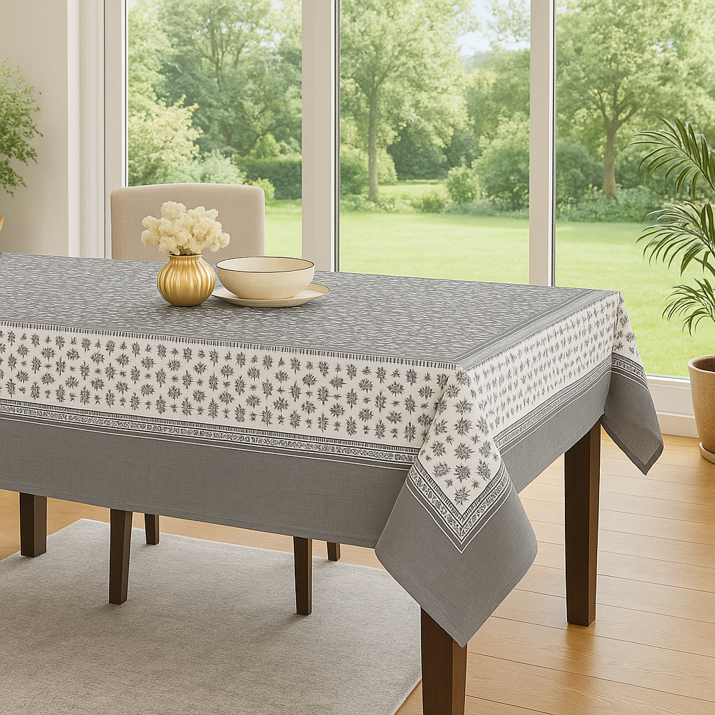 Moonlight Garden Hand Block Printed Cotton Table Cover I 6 Seater