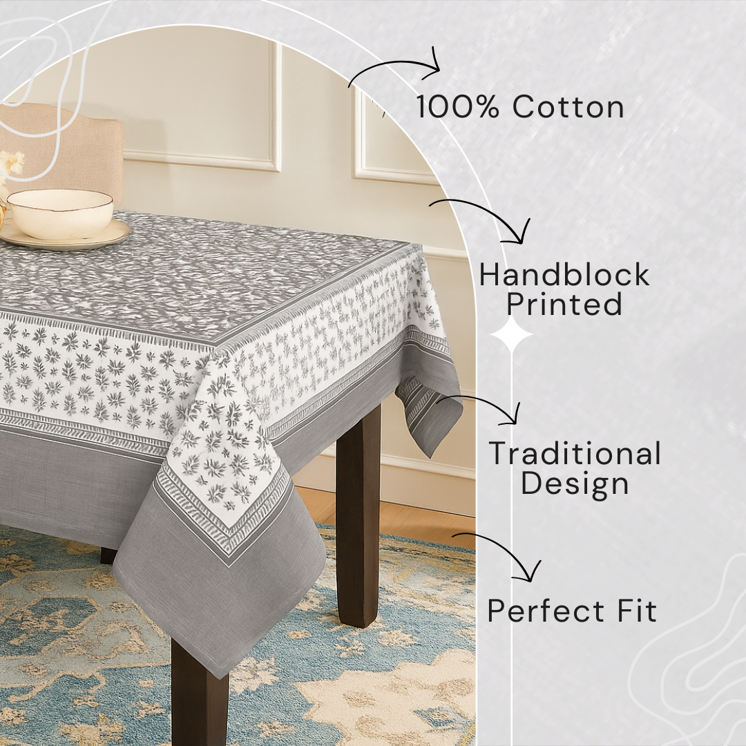 Moonlight Garden Hand Block Printed Cotton Table Cover I 6 Seater
