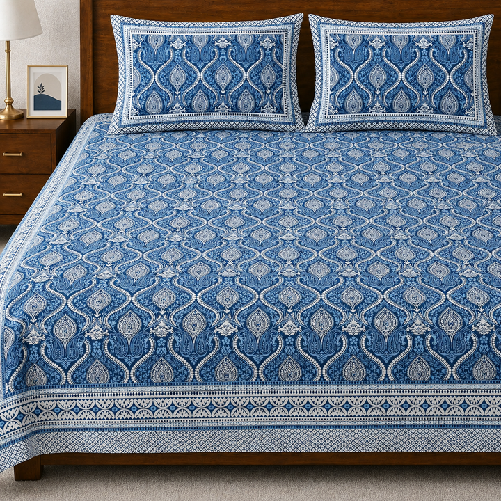 Mughal Indigo Garden Hand Block Printed Cotton King Bedsheet Set | 90×108 | 240 TC